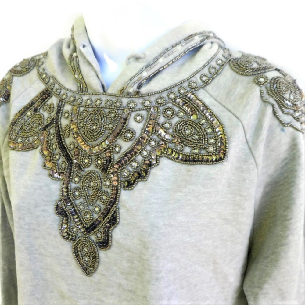 Love Sam Sweatshirt Hoodie Embellished Heavy Beads Heather Gray M